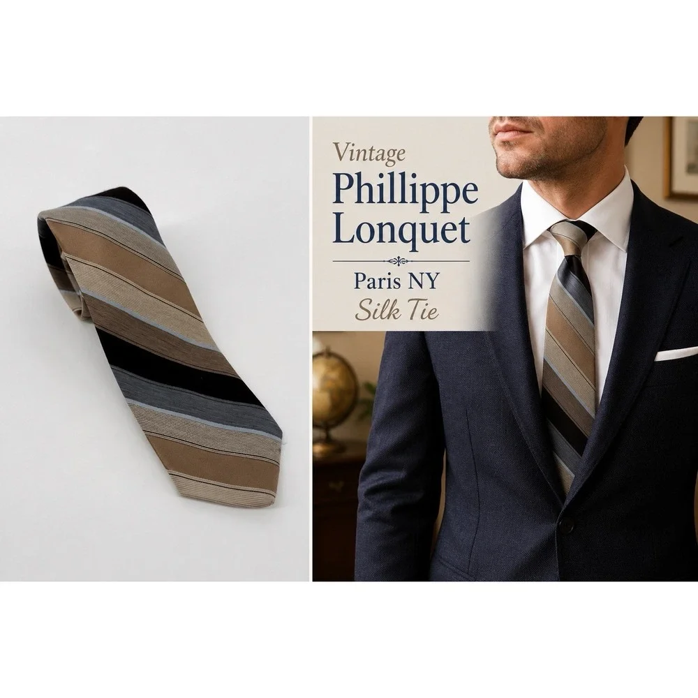 Vintage Philippe Longuet Paris NY Silk Tie Brown Blue Striped 56.5